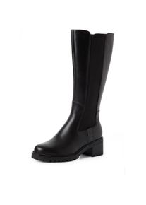 Stiefel Tamaris, Damen, Gr. 41, Textil, Normalschaft, beige (schwarz), Glattleder, unifarben, Schuhe Stiefel, Blockabsatz, Langschaftstiefel, Businessstiefel mit T-Logopr&auml;gung