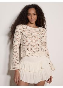 Spitzenshirt Apricot "Boho-H&auml;keloberteil mit Blumenmuster", Damen, Gr. M (38), grau (stein), Strick, Obermaterial: 97% Baumwolle CO. 3% Nylon NY., uni, Modern, kurz, Blusen Spitzenshirt