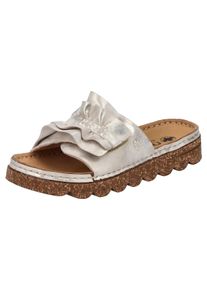 Pantolette Rieker, Damen, Gr. 40, Textil, beige (hellbeige), Lederimitat, metallic, Schuhe Pantolette, Sommerschuh, Strandschuh, Hausschuh mit modischer Plateausohle