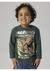 T-Shirt name it "NMMJIM JURASSIC LS NREG TOP BOX NOOS SKY", Jungen, Gr. 122/128, gr&uuml;n (urban chic), Jersey, Obermaterial: 95% Baumwolle, 5% Elasthan, bedruckt, regular fit normal, Rundhals, Shirts T-Shirt, Baumwollmischung, regular fit