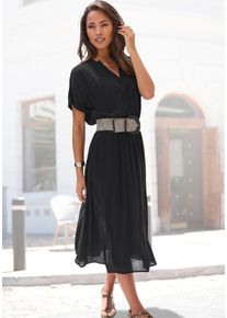 Midikleid Buffalo "mit Smokbund in der Taille aus gekreppter Webware", Damen, Gr. 40, N-Gr, schwarz, Cr&ecirc;pe, Obermaterial: 100% Viskose, unifarben, figurumspielend ca. Mitte Wade, Rundhals, mit Aufschlag, Kleider Midikleid, luftiges Sommerkleid, leichtes Strandkleid, Hemdblusenkleid, casual