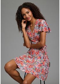 Sommerkleid Laura Scott, Damen, Gr. 44, N-Gr, Kurzarm, Single Jersey, bunt (koralle, gebl&uuml;mt), Single Jersey, Obermaterial: 95% Viskose, 5% Elasthan, gebl&uuml;mt, figurumspielend kurz, tiefer V-Ausschnitt, Kleider Sommerkleid, femininer Stil, f&uuml;r entspannte Tage,aus elastischer Shirtware,Kurzarm
