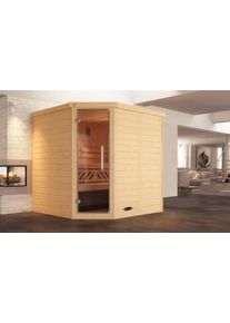 Sauna Weka "Design-Sauna KEMI Eck 1", beige (natur), ohne Ofen, ohne Steuerung, (ohne Ofen), Saunen, Sauna, naturbelassenes Fichtenholz, moderne Glast&uuml;r