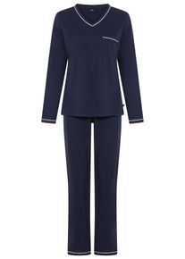 H.I.S. Pyjama H.I.S, Damen, Gr. 36/38, navy, Single Jersey, Obermaterial: 60% Baumwolle, 40% Polyester, unifarben, bequem h&uuml;ftlang, V-Ausschnitt, eingesetzt paspeliert kontrastfarben, Homewear-Sets Pyjama, mit Paspelierung in Kontrastfarbe