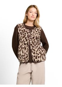 Fleeceweste Tom Tailor "Boxy", Damen, Gr. L, braun (beige java braun leo print), Fleece, Obermaterial: 100% Polyester, loose fit h&uuml;ftbedeckend, Rundhals, Westen Fleeceweste, mit Rei&szlig;verschluss