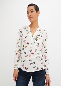 Langarmbluse bonprix "Bluse aus flie&szlig;ender Viskose", Damen, Gr. 50, wei&szlig; (wollwei&szlig; schmetterlinge), Web, Obermaterial: 100% Viskose, bedruckt, bequem h&uuml;ftbedeckend, V-Ausschnitt, 1-Knopf-Manschette, Blusen Langarmbluse, bequeme Passform, f&uuml;r vielseitige Anl&auml;sse, aus reiner Viskose
