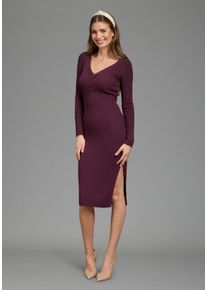 Strickkleid Laura Scott "mit figurbetonter Passform", Damen, Gr. 46, N-Gr, Langarm, Strick, lila (bordeaux m&eacute;lange), Strick, Obermaterial: 70% Viskose, 30% Polyamid, Zopfmuster, unifarben, figurbetont wadenlang, V-Ausschnitt, Kleider Strickkleid, mit Zopfmuster-Detail, aus angenehmer Viskosemischung