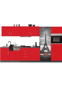 K&uuml;chenzeile KOCHSTATION "KS-Paris - K&uuml;chen mit einzigartigen Fotomotiven auf den Fronten", rot (k&uuml;che: rot, front: rot, korpus: grafit, arbeitsplatte: anthrazit), B:340cm H:200cm T:60cm, Komplettk&uuml;chen-Sets, K&uuml;chenzeile, Breite 340 cm, wahlweise mit E-Ger&auml;ten und Induktion