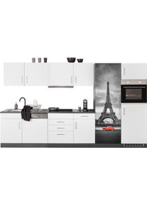 K&uuml;chenzeile KOCHSTATION "KS-Paris - K&uuml;chen mit einzigartigen Fotomotiven auf den Fronten", wei&szlig; (k&uuml;che: wei&szlig;, front: wei&szlig;, korpus: grafit, arbeitsplatte: anthrazit), B:340cm H:200cm T:60cm, Komplettk&uuml;chen-Sets, K&uuml;chenzeile, Breite 340 cm, wahlweise mit E-Ger&auml;ten und Induktion