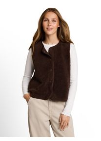 Fleeceweste Tom Tailor Denim, Damen, Gr. XL, braun (cool schwarz braun), Sweatware, Obermaterial: 100% Polyester, unifarben, regular fit h&uuml;ftbedeckend, Rundhals, Westen Fleeceweste, Teddyweste mit Druckkn&ouml;pfen