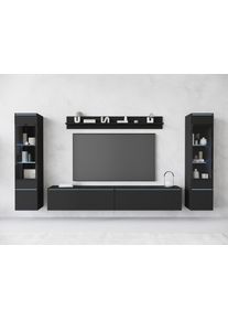 Wohnwand Home Affaire "VERA II", schwarz (graphit schwarz matt), B:260cm H:130cm T:33cm, Kastenm&ouml;bel-Sets, Wohnwand, Mediawand 260 cm, Vitrine mit Verglasung, stehend und h&auml;ngend