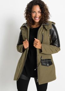 Parka bonprix "Parka mit Lederimitat-Eins&auml;tzen", Damen, Gr. 34, gr&uuml;n (khakigr&uuml;n, schwarz), Obermaterial: 58% Polyester, 42% Baumwolle. Einsatz: 100% Viskose. Futter: 100% Polyester, unifarben mit Farbeins&auml;tzen, bequem, Jacken Parka, mit Kapuze, aus Polyester, Baumwolle und Viskose