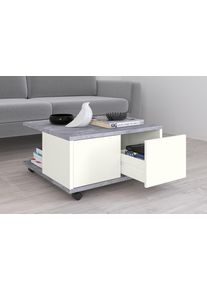 Couchtisch FMD "Twin", wei&szlig; (betonoptik, wei&szlig; edelglanz), B:70cm H:36cm T:70cm, Tische, Couchtisch, Sofatisch mit Rollen, Push-to-open, viel Stauraum, Breite: 70 cm