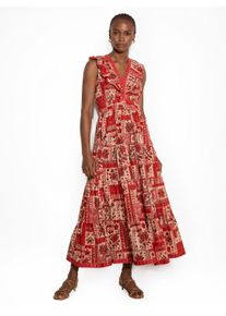 Partykleid Apricot "Schimmerndes Midaxi-Kleid", Damen, Gr. XS (34), N-Gr, rot, gewebt, Obermaterial: 98% Baumwolle CO. 2% sonstige Fasern AF., bedruckt, normal, V-Ausschnitt, Kleider Partykleid, mit Schalsprint und Stufen