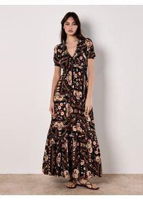 Druckkleid Apricot "Gemustertes Maxikleid", Damen, Gr. S (36), N-Gr, schwarz, gewebt, Obermaterial: 100% Viskose CV., gemustert, normal, V-Ausschnitt, Fledermaus&auml;rmel Elastisch, Kleider Druckkleid, mit Smokband und Volant