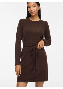 Strickkleid Vila "VILIGA L/S O-NECK BELTED KNIT DRESS-NOOS", Damen, Gr. XS, N-Gr, Langarm, Strick, braun (coffee bean detail:melange), Strick, Obermaterial: 97% Polyester, 3% Elasthan, meliert, regular fit Midi, Rundhals, gerader Abschluss, Kleider Strickkleid, Materialmix, normal geschnitten