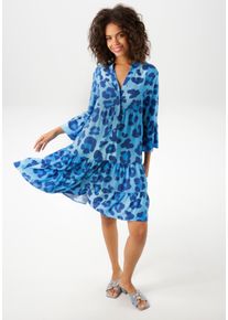 Tunikakleid Aniston CASUAL, Damen, Gr. 36, N-Gr, 3/4 Arm, Web, blau (t&uuml;rkis, marine, blau), Web, Obermaterial: 100% Viskose, bedruckt, gebl&uuml;mt, l&auml;ssig geschnitten kniefrei, V-Ausschnitt, Volant, Kleider Tunikakleid, mit farbenfrohen, graphischen Bl&uuml;ten bedruckt, Topseller