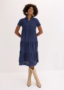 Tunikakleid bonprix, Damen, Gr. 48, N-Gr, Kurzarm, blau (dunkelblau), Obermaterial: 100% Baumwolle, ausgestellt, Kleider Tunikakleid, lockere Tunika-Form, mit Lochstickerei, Kurzarm-Design, aus Baumwolle