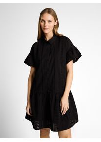 Hemdblusenkleid Tom Tailor Denim, Damen, Gr. L, N-Gr, Kurzarm, Web, schwarz (deep schwarz), Web, Obermaterial: 100% Baumwolle. Futter: 100% Viskose, unifarben, normal, Rundhals, Trompeten&auml;rmel, Kleider Hemdblusenkleid, Sommerkleid mit H&auml;kel-Details