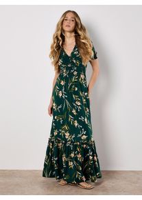 Druckkleid Apricot "Florales Maxikleid", Damen, Gr. S (36), N-Gr, gr&uuml;n, gewebt, Obermaterial: 100% Viskose CV., gebl&uuml;mt, normal, V-Ausschnitt, Puff&auml;rmel mit Gummizug, Kleider Druckkleid, mit gesmokter Taille