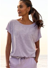 Rundhalsshirt Venice Beach, Damen, Gr. 44/46, lila (flieder), Slub, Obermaterial: 65% Polyester, 35% Viskose, mehrfarbig, figurumspielend h&uuml;ftlang, Rundhals, Shirts Rundhalsshirt, mit Logoprint, T-Shirt, sommerlich-sportlicher Look, Topseller