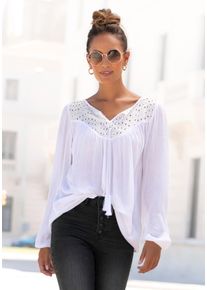 Crepebluse Lascana "mit Lochstickerei am Ausschnitt, leicht transparent", Damen, Gr. 34, wei&szlig;, Cr&ecirc;pe, Obermaterial: 100% Viskose. Spitze: 100% Baumwolle, unifarben, figurumspielend h&uuml;ftlang, V-Ausschnitt, elastischer Bund, Blusen Crepebluse, Verspielte Damenbluse, Langarmbluse mit lockerer Passform, Boho-Stil, Topseller