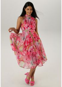 Cocktailkleid Aniston SELECTED, Damen, Gr. 46, N-Gr, ohne &Auml;rmel, Chiffon, schwarz (pink, rosa, hellpink, kiwigr&uuml;n, schwarz, gelb), Chiffon, Obermaterial: 100% Polyester. Futter: 100% Polyester, bedruckt, gebl&uuml;mt, figurumspielend wadenlang, Kleider Cocktailkleid, mit traumhafter, floraler Musterung