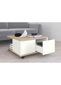 Couchtisch FMD "Twin", wei&szlig; (eichefarben, wei&szlig; edelglanz), B:70cm H:36cm T:70cm, Tische, Couchtisch, Sofatisch mit Rollen, Push-to-open, viel Stauraum, Breite: 70 cm