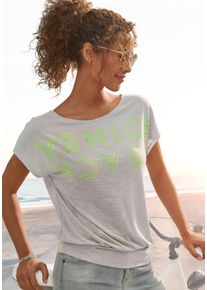 Rundhalsshirt Venice Beach, Damen, Gr. 48/50, grau (grau, limone), Slub, Obermaterial: 65% Polyester, 35% Viskose, mehrfarbig, figurumspielend h&uuml;ftlang, Rundhals, Shirts Rundhalsshirt, mit Logoprint, T-Shirt, sommerlich-sportlicher Look