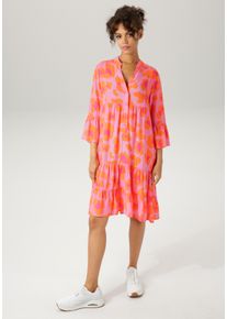 Tunikakleid Aniston CASUAL, Damen, Gr. 48, N-Gr, 3/4 Arm, Web, bunt (pink, orange, fuchsia), Web, Obermaterial: 100% Viskose, bedruckt, gebl&uuml;mt, l&auml;ssig geschnitten kniefrei, V-Ausschnitt, Volant, Kleider Tunikakleid, mit farbenfrohen, graphischen Bl&uuml;ten bedruckt