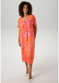 Sommerkleid Aniston CASUAL, Damen, Gr. 42, N-Gr, bunt (rosa, rot, orange), Web, Obermaterial: 100% Viskose, bedruckt, gebl&uuml;mt, gemustert, figurumspielend kniebedeckend, V-Ausschnitt, Kleider Sommerkleid, mit extravagantem, grafischen Druck, Topseller