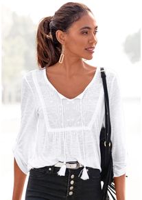 Strandshirt Buffalo, Damen, Gr. 48/50, wei&szlig;, Jersey, Obermaterial: 100% Viskose. Einsatz: 100% Baumwolle, leicht durchscheinend, unifarben, figurumspielend h&uuml;ftlang, Rundhals, mit Riegel, Shirts Strandshirt, mit Stickerei und Quasten, Tunika, 3/4-Arm, Blusenshirt, Topseller