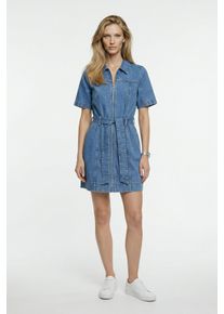 Calvin Klein Jeans Jeanskleid CALVIN KLEIN "BELTED SHIRT DRESS RADIO BLUES", Damen, Gr. M, N-Gr, Kurzarm, Denim/Jeans, blau (radio blaus), Denim/Jeans, Obermaterial: 100% Baumwolle, unifarben, regular fit ca. Mitte Oberschenkel, Rundhals, eingesetzt abgesteppte Kante, Kleider Jeanskleid, Regular fit mit G&uuml;rtel