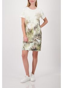 Shirtkleid monari "Kleid Tropical Allover", Damen, Gr. 36, N-Gr, Kurzarm, Web, olive gem, Web, Obermaterial: 82% Baumwolle, 13% Modal, 5% Elasthan, gemustert, regular fit ca. Mitte Oberschenkel, Rundhals, eingesetzt abgesteppte Kante, Kleider Shirtkleid, Regular fit mit tropischem Print