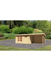 Gartenhaus Karibu "Schlo&szlig;see 8", beige (naturbelassen), ohne Fu&szlig;boden, R&uuml;ckwand, ohne Dacheindeckung, Holzwerkstoff, Gartenh&auml;user, Gartenhaus, mit Anbaudach, R&uuml;ckwand und Fenster