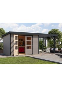 Gartenhaus Karibu "Jupiterino 5 SET, in verschiedenen Farben", grau (wassergrau, anthrazit), ohne Fu&szlig;boden, Blechdach, Massivholz, Gartenh&auml;user, Gartenhaus, inkl. Anbaudach