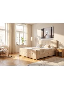 Boxbett Home Affaire "Amrum, Polsterbett mit Bettkasten, inkl. Taschenfederkernmatratze H3", beige, B:190cm L:217cm, Komplettbetten, Boxbett, mit Kaltschaumtopper, Chenille-Bezug, 120x200 & 180x200 cm