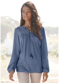 Crepebluse Lascana "mit Lochstickerei am Ausschnitt, leicht transparent", Damen, Gr. 48, blau (smokey blau), Cr&ecirc;pe, Obermaterial: 100% Viskose. Spitze: 100% Baumwolle, unifarben, figurumspielend h&uuml;ftlang, V-Ausschnitt, elastischer Bund, Blusen Crepebluse, Verspielte Damenbluse, Langarmbluse mit lockerer Passform, Boho-Stil, Topseller