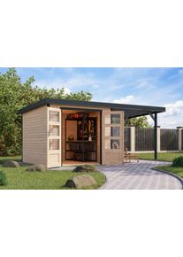 Gartenhaus Karibu "Jupiterino 3,5 SET, in verschiedenen Farben", braun (naturbelassen, anthrazit), ohne Fu&szlig;boden, Blechdach, Massivholz, Gartenh&auml;user, Gartenhaus, inkl. Anbaudach