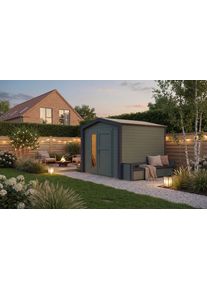Gartenhaus Weka "Killarney", gr&uuml;n (gr&uuml;ngrau, anthrazit), ohne Fu&szlig;boden, ohne Dacheindeckung, Massivholz, Gartenh&auml;user, Gartenhaus, Doppelt&uuml;r, 1 1/2 Seite mit Fenster, inkl. Sitztruhe