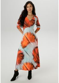 Midikleid Aniston SELECTED, Damen, Gr. 40, N-Gr, Langarm, Single Jersey, silber (rot, silber, anthra, rosa), Single Jersey, Obermaterial: 95% Viskose, 5% Elasthan, bedruckt, gemustert, figurumspielend, V-Ausschnitt, Kleider Midikleid, mit Smok-Details