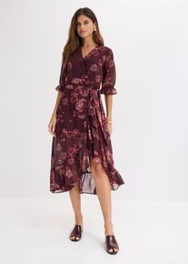 Chiffonkleid bonprix, Damen, Gr. 36, N-Gr, Halbarm, rot (weinrot floral), Obermaterial: 100% Polyester. Futter: 100% Polyester, ausgestellt, Kleider Chiffonkleid, mit Volant, ausgestellte Passform, Halbarm, ohne Kragen