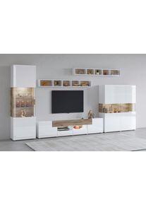 Wohnwand OTTO HOME "Toledo,Breite 391cm stilvolle Mediawand ohne Beleuchtung", wei&szlig; (wei&szlig;, wei&szlig; hgl, sanremo), B:391cm, ABS-Kunststoff, Glas, MDF, Melamin, Metall, Kastenm&ouml;bel-Sets, Wohnwand, Anbauwand(Vitrine,Lowboard,Highboard,2xH&auml;ngeregal)MDF Hochglanzfronten