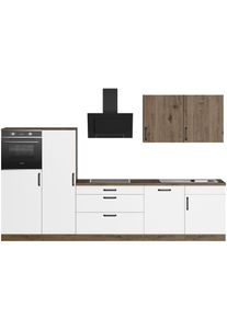 Wiho-K&uuml;chen K&uuml;chenzeile WIHO K&Uuml;CHEN "Elba", wei&szlig; (k&uuml;che: wei&szlig;, korpus: halifax eichefarben braun, arbeitsplatte: halifax eichefarben braun), B:330cm T:60cm, Komplettk&uuml;chen-Sets, K&uuml;chenzeile, wahlweise mit Hanseatic E-Ger&auml;ten, Breite 330 cm