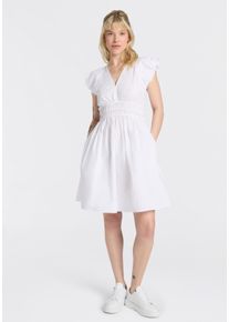 Minikleid BOSS Orange "Darico Premium Damenmode", Damen, Gr. 44, N-Gr, Kurzarm, Popeline, wei&szlig; (wei&szlig; 100), Popeline, Obermaterial: 100% Baumwolle, unifarben, tailliert kniefrei, V-Ausschnitt, Puff&auml;rmel, Kleider Minikleid, mit geraffter Taille, V-Ausschnitt