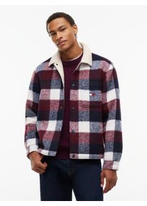 Hemdjacke Tommy Jeans "TJM TEDDY COLLAR BRUSHED SHACKET", Herren, Gr. M, bunt (schwarz night navy, buffalo check), Web, Obermaterial: 100% Polyester, oversize normal, Manschette, Jacken Hemdjacke