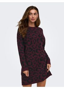 Strickkleid Only "ONLJADE PATTERN LS O-NECK DRESS RP KNT", Damen, Gr. XL, N-Gr, Langarm, Strick, rot (port royale pattern:leo, schwarz), Strick, Obermaterial: 75% Polyacryl, 25% Polyester, gemustert, regular fit kniefrei, Rundhals, Kleider Strickkleid, Kunstfaser, regular fit