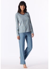 Schlafanzug Schiesser "Casual Essentials", Damen, Gr. 48, blau (209, grau), Single Jersey, Obermaterial: 100% Baumwolle, bequem lang, V-Ausschnitt, Homewear-Sets Schlafanzug, Baumwolle, V-Ausschnitt, lang&auml;rmelig