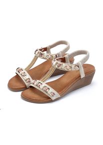 Sandalette Vivance "Sommerschuh, offener Schuh, Sandale, Keilsandalette", Damen, Gr. 36, Lederimitat, beige, Obermaterial: 100% Lederimitat. Decksohle: 100% Textilmaterial. Futter: 100% Lederimitat. Laufsohle: 100% Synthetik, Glitzer, unifarben, Basic,festlich, Schuhe Sandalette, mit elastischen Riemchen und Keilabsatz