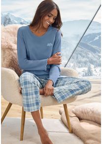 Pyjama, Damen, Gr. 42, blau (blau kariert), Flanell;Single Jersey, Obermaterial: 100% Baumwolle. Unterteil: 100% Baumwolle, VIVANCE DREAMS BY LASCANA, kariert, unifarben, Basic, Basic h&uuml;ftlang, Rundhals, eingesetzt Babylock kontrastfarben, Homewear-Sets Pyjama, mit weicher Flanell-Hose